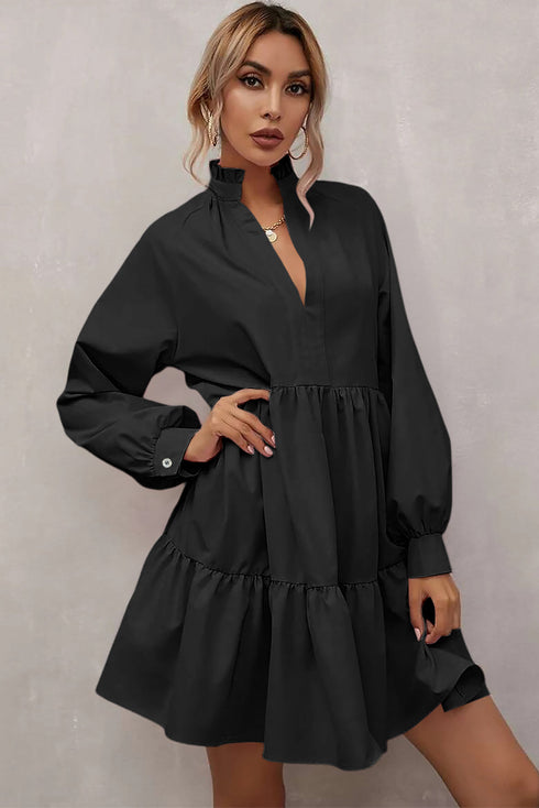 Frilled Stand Collar Long Sleeve Ruffle Dress